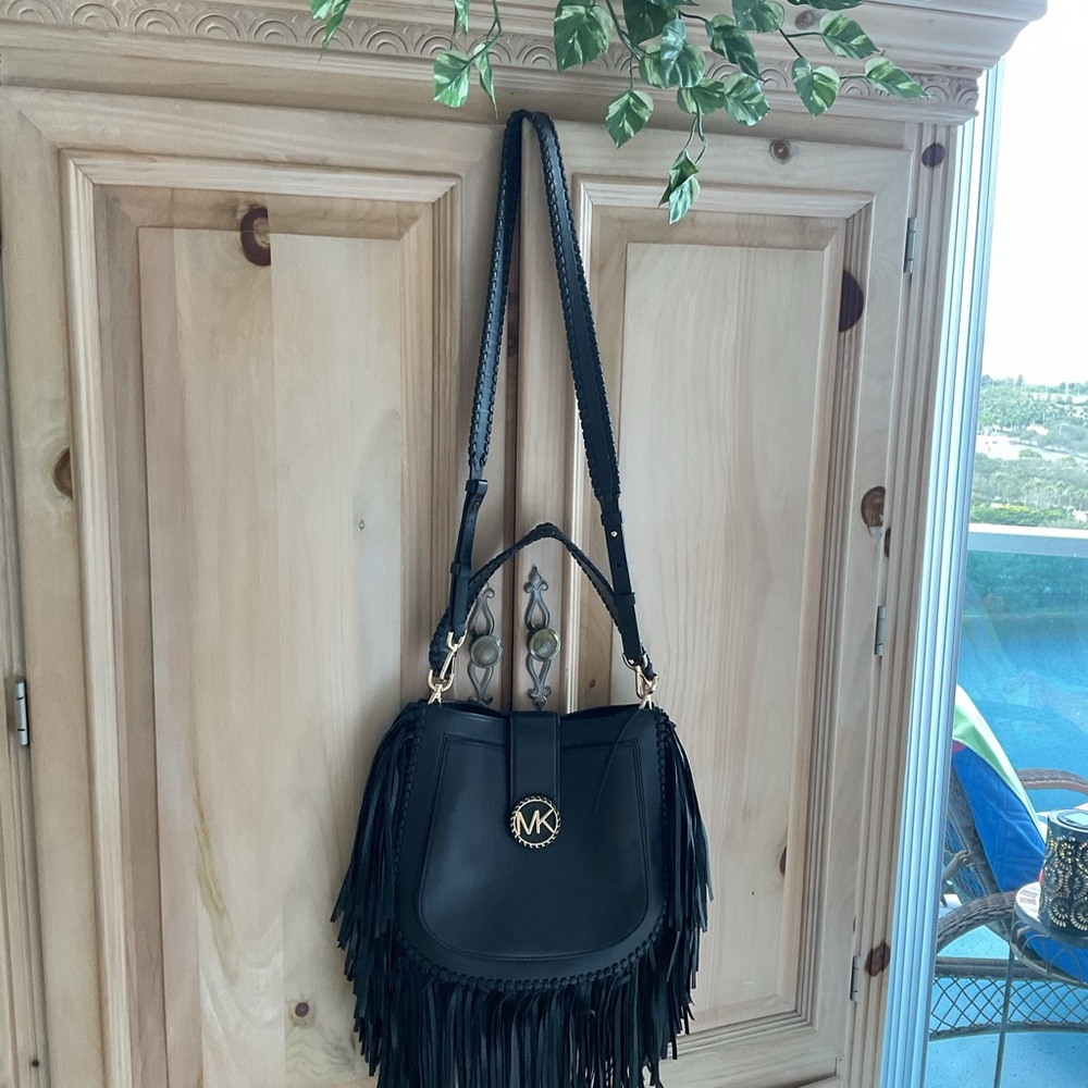 Michael Kors Leather & Suede Black Fringe Shoulder Bag with Gold Accents $375